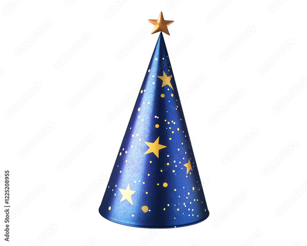 Party hat in blue with gold stars, perfect for celebrations and festive occasions. This vibrant accessory adds fun touch to any party atmosphere