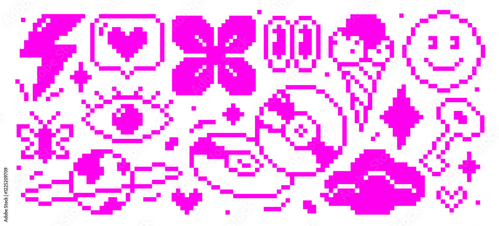 Acid Y2K neon retro pixilated video game sticker design elements, futuristic digital icons set Acid Y2K neon retro pixilated video game sticker design elements, futuristic digital icons set