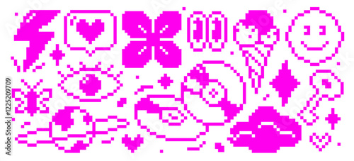 Acid Y2K neon retro pixilated video game sticker design elements, futuristic digital icons set