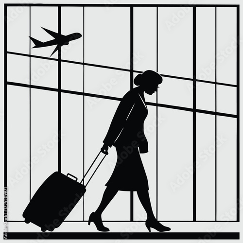 a person carrying a suitcase in an airport silhouette vector design art and illustration