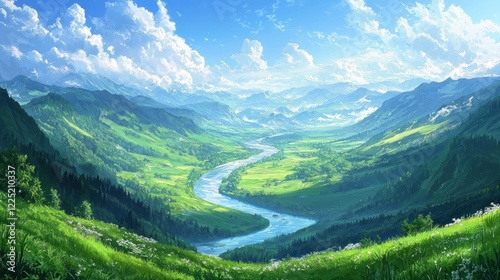 Serene river valley nestled in lush green mountains under a vibrant blue sky.