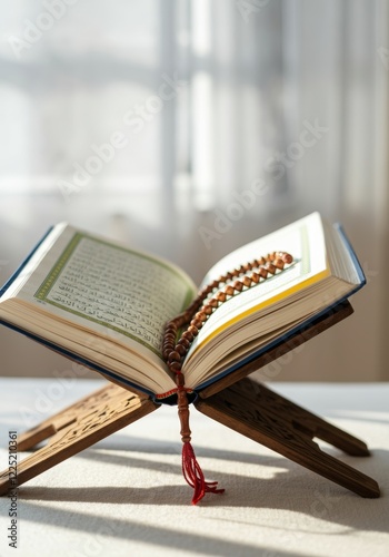 Open Quran on wooden Rehal stand with prayer beads in sunlit room