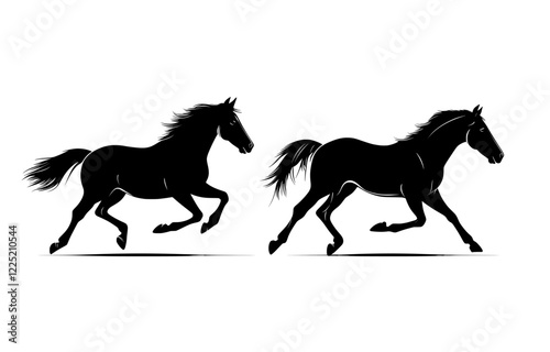 A black and white modern outline design and silhouette of a running horse