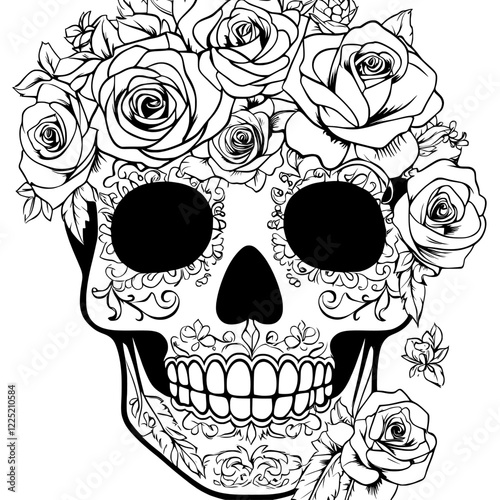 A modern stock line illustration features a sugar skull with decorative patterns and a wreath of red roses. It serves as an outline hand-drawn coloring page for adults to color in a coloring book