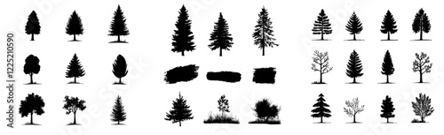 Tree outdoor travel black silhouette coniferous natural badges, featuring tops of pine, spruce, branch, cedar, and plant leaf in an abstract stem drawing, modern illustration