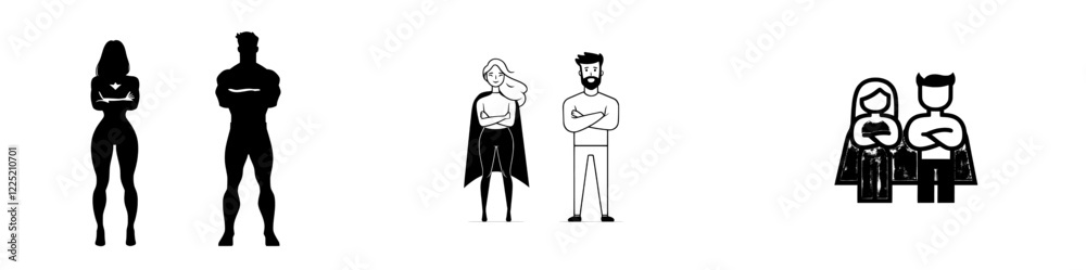 Modern graphic of Superhero Man and Woman with crossed arms in front of their chest Modern graphic of Superhero Man and Woman with crossed arms in front of their chest