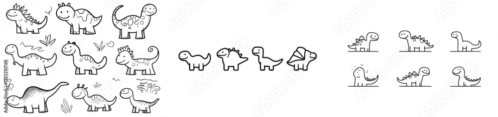 T-rex, Brachiosaurus, Pterodactyl, Triceratops, and Stegosaurus depicted as modern flat outline dinosaurs T-rex, Brachiosaurus, Pterodactyl, Triceratops, and Stegosaurus depicted as modern flat outline dinosaurs