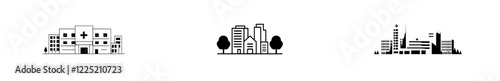 Modern thin line design of a cityscape featuring a hospital
