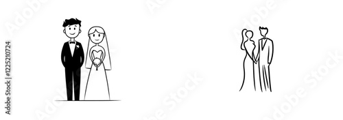A continuous line illustration features a happy groom and bride at a wedding ceremony