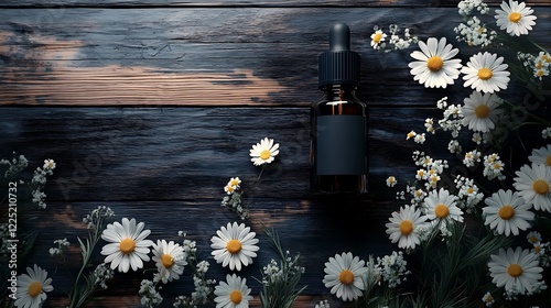 Essencial oil and camomile flowers on a wooden background