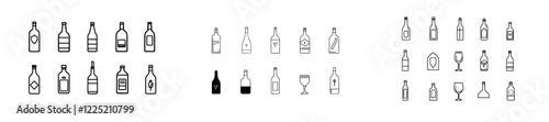 A set of modern line icons featuring alcohol bottles. Ideal for illustration and drinks-related advertising and web design