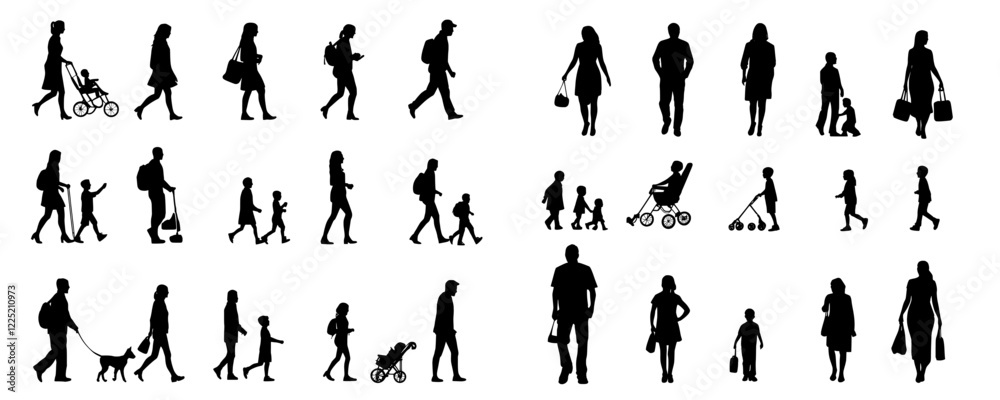 Silhouettes of people walking, black against a white background, illustrated Silhouettes of people walking, black against a white background, illustrated