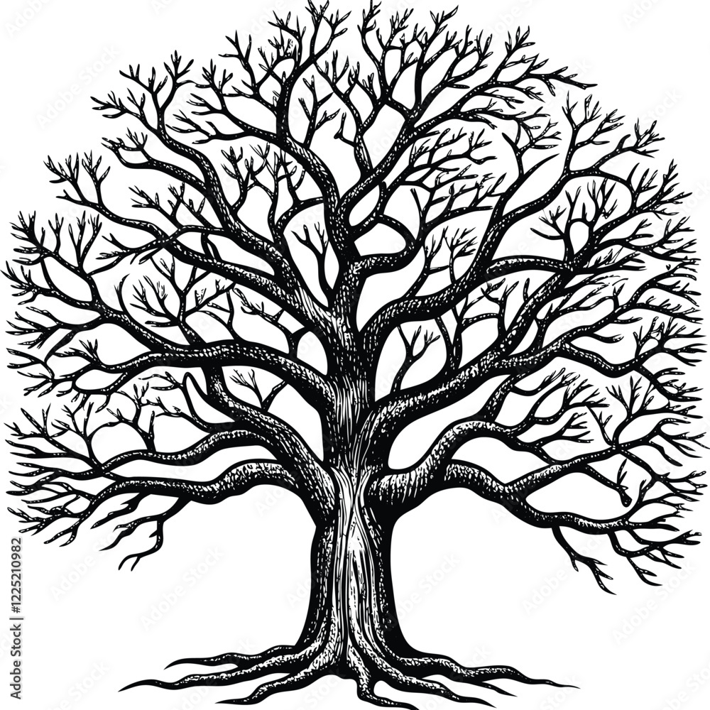 Fototapeta premium Branched tree without leaves, sketch. Engraved large growing oak. Nature concept. Hand drawn vintage vector illustration