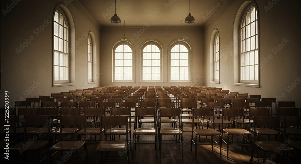 Fototapeta premium A large hall filled with neatly arranged rows of chairs, creating a spacious and organized setting