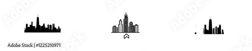 Chicago city in a linear banner format. Buildings are customizable with an opacity mask to adjust composition and background fill. Line art