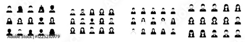 People avatar flat icons. Modern illustration featuring icons such as an old man, a female, a Muslim, a senior, an adult businessman, and a young human, along with a black silhouette pictogram for