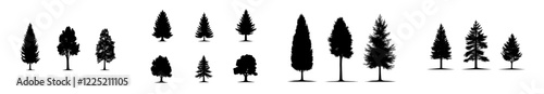 Christmas pine trees silhouettes. Coniferous forest monochrome woods, vintage fir trees silhouettes modern isolated icons set. Spruce forest trees silhouettes