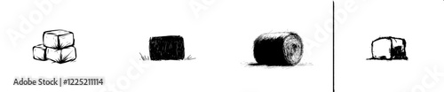 A simple hand-drawn modern illustration in an engraving style. A round haystack stands alone on a white background, surrounded by straw and dry grass. It evokes images of a farm or ranch, situated in