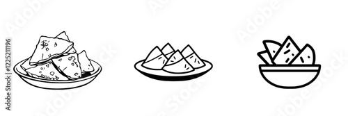 Asian street food. Samosa. Black and white logo. Modern illustration on white background