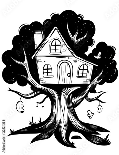 Tree house coloring sheet featuring a black and white design, perfect for printing on standard 8.5x11 inch paper