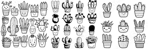 Cute kawaii set of cacti in flowerpots. Coloring page. Hand-drawn doodle plants. Cartoon cacti for coloring book. Modern illustration