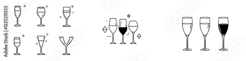 Cocktail glasses raising a toast to prosecco, wine, whiskey, vermouth, gin, martini, aperol, and margarita in a modern flat line design