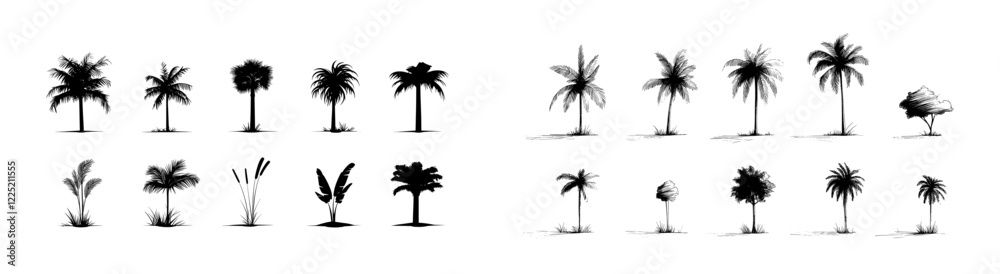 Set constructor from realistic black silhouettes of isolated tropical palm trees, with branches and separate banana leaves, and talipot on a white background Set constructor from realistic black silhouettes of isolated tropical palm trees, with branches and separate banana leaves, and talipot on a white background