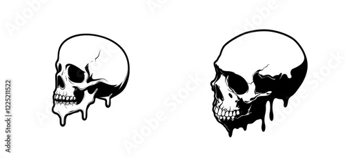 Scary melting zombie skull head in monochrome modern style for Halloween, perfect for your work, logo, mascot merchandise, t-shirts, stickers, labels, posters, greeting cards, and business ads