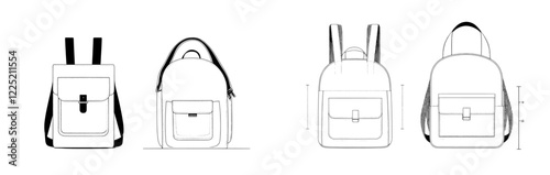 modern illustration of a flat-sketch adventure travel backpack