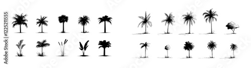 Set constructor from realistic black silhouettes of isolated tropical palm trees, with branches and separate banana leaves, and talipot on a white background