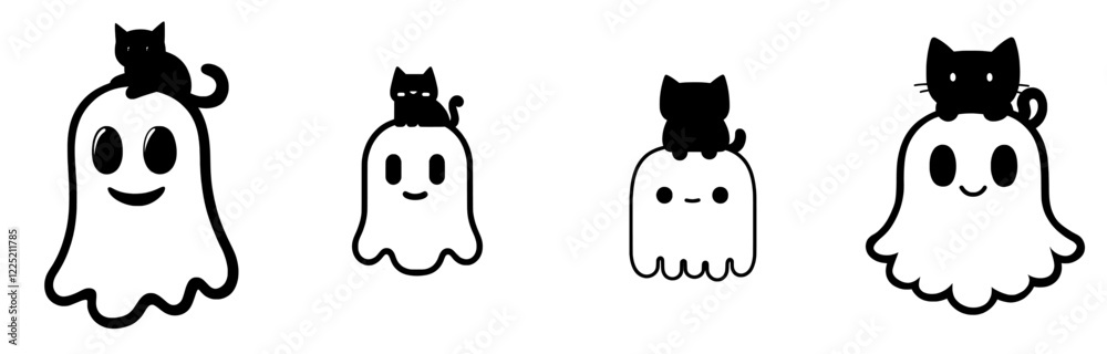cute ghost and black cat funny halloween modern illustration on a white background