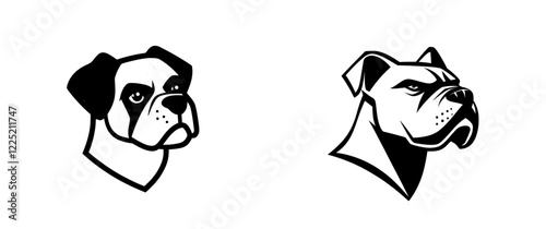 Modern isolated single Rottweiler Bullmastiff Boxer dog head front view in black and white, a two-color silhouette suitable for laser engraving or stencil