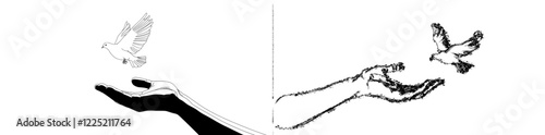 A single, flowing line depicts a flying dove held in two hands, representing peace and freedom in an easy-to-follow linear design. This doodle-style illustration acts as a mascot for the national