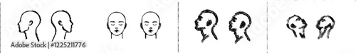 A set of human head icons featuring various angles of a female head. Designed as head guidelines for barbershops and haircut salons. Modern in style illustration