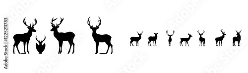 Collection of deer silhouettes with deer and reindeer isolated on a white background, creating a Christmas decor piece in a modern illustration style