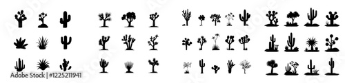 A large assembly of black outlines of cacti, agaves, Joshua trees, and prickly pears