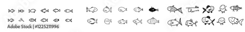 Doodle fish icons collection. Hand-drawn imagery of sea fish. Sketch drawings by children. Line art design. Modern illustrations set on a white background