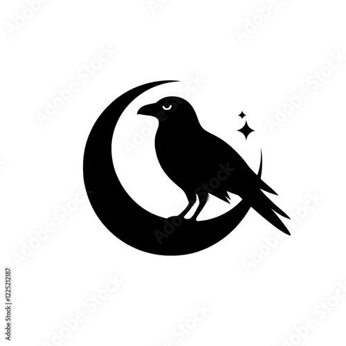 In a black modern illustration style, a crow is engraved on the moon, emphasizing its silhouette and outline, and is used as an icon, logo, and emblem