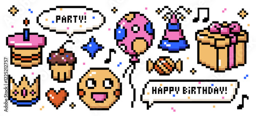 8 bits pixel art happy birthday party, anniversary event, festive holiday retro design elements