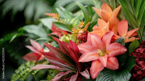 Vibrant Tropical Flowers and Foliage in a Lush Green Garden