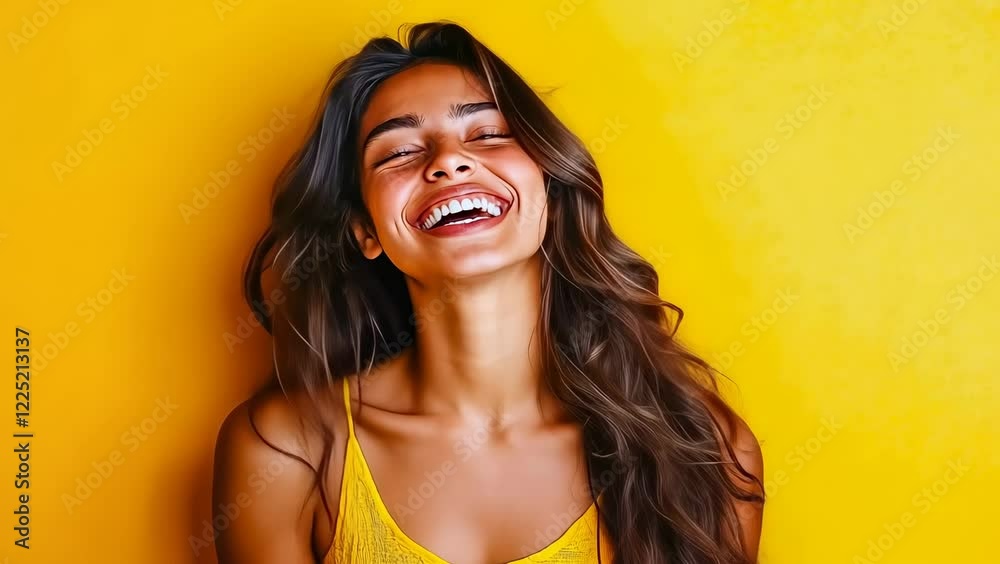 Young Hispanic woman smiling against yellow background. Woman enjoys vibrant backdrop. Portrait showcases cheerful expression. Bright background enhances joyful mood. Atmosphere filled with happiness
