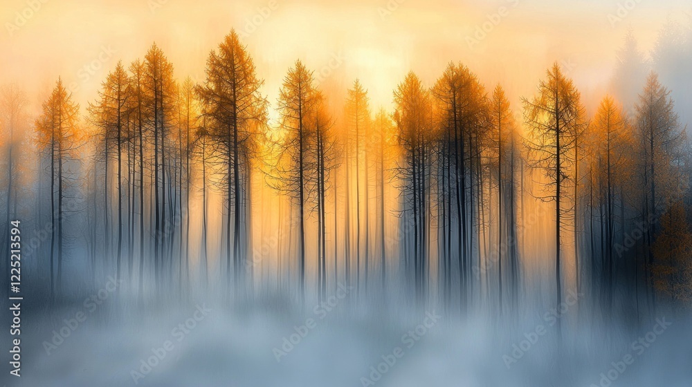 Fototapeta premium Golden sunrise through misty forest.