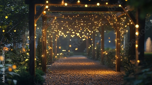 Featuring fairy lights stung up on a wooden pergola framework