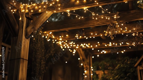 Featuring fairy lights stung up on a wooden pergola framework