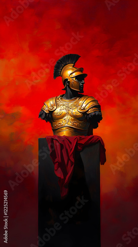 Golden Roman warrior bust displayed against a dramatic red and orange background with flowing crimson fabric photo