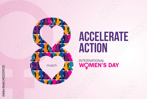 Accelerate action - International women's day concept poster. Woman sign illustration background. 2025 women's day campaign theme - #AccelerateAction