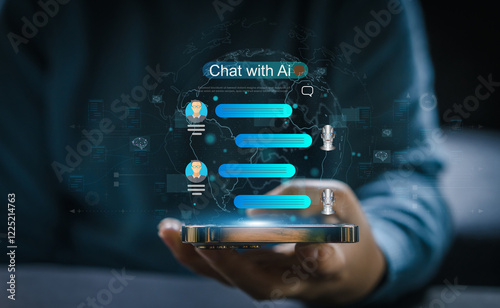 Ai technology concept with artificial intelligence chatbot and generative smart system, robotic, deep learning network, digital assistant, machine learning, algorithm, innovation and data processing photo