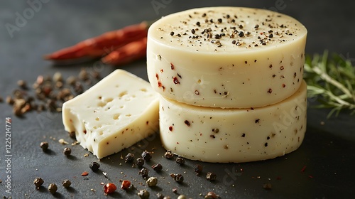 Variety of cheese ementaler gouda soft cheese and other hard cheeses herbs and spices photo