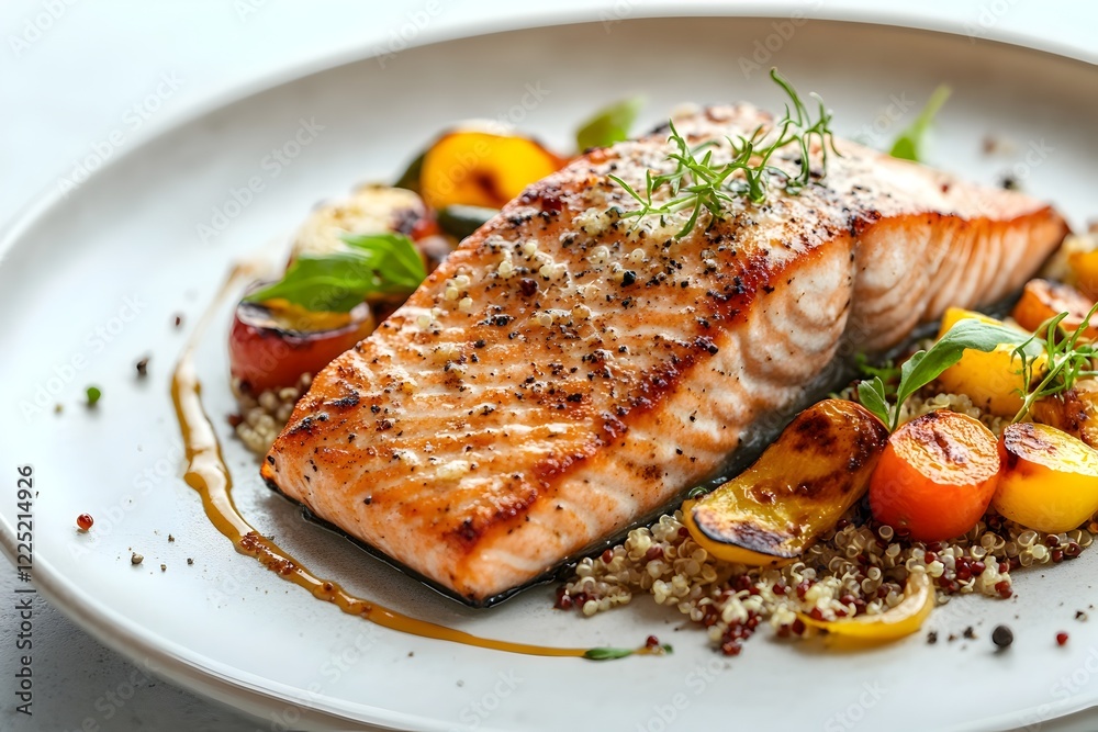 Balanced and Savory Grilled Salmon Dish with Roasted Vegetables and Quinoa Balanced and Savory Grilled Salmon Dish with Roasted Vegetables and Quinoa