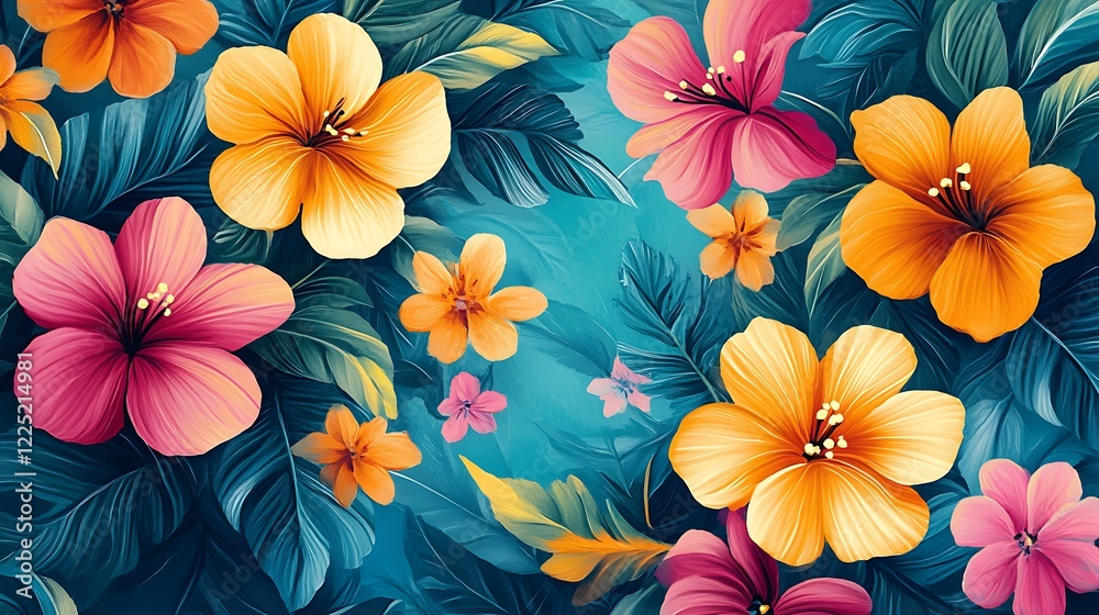A bright summer floral pattern in teal pink background A bright summer floral pattern in teal pink background